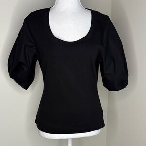 White House Black Market Black Ribbed Poplin Twist Puff Sleeve Top. Med